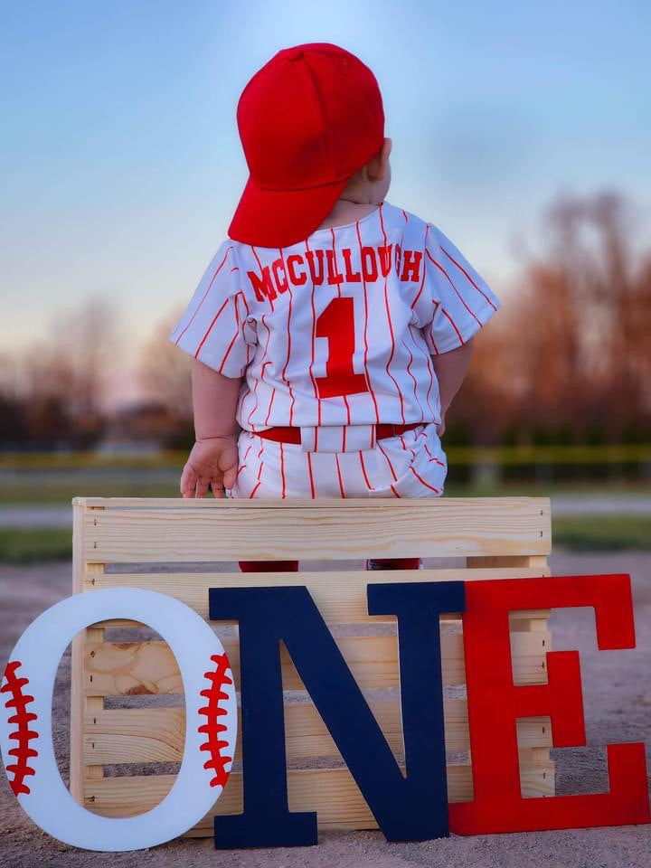 Red Pinstripe Baseball Outfit -  EMBROIDERED Baseball Jersey and pants