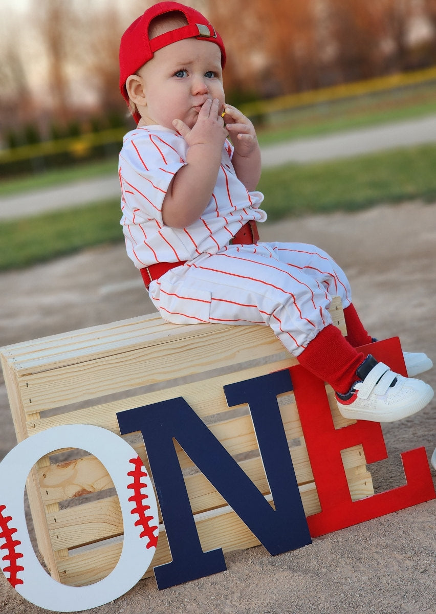 Red Pinstripe Baseball Outfit -  EMBROIDERED Baseball Jersey and pants