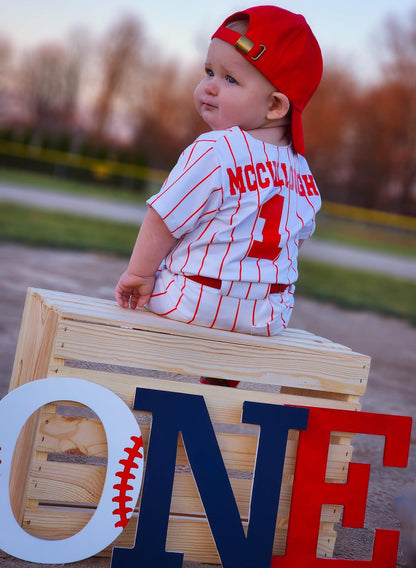 Red Pinstripe Baseball Outfit -  EMBROIDERED Baseball Jersey and pants